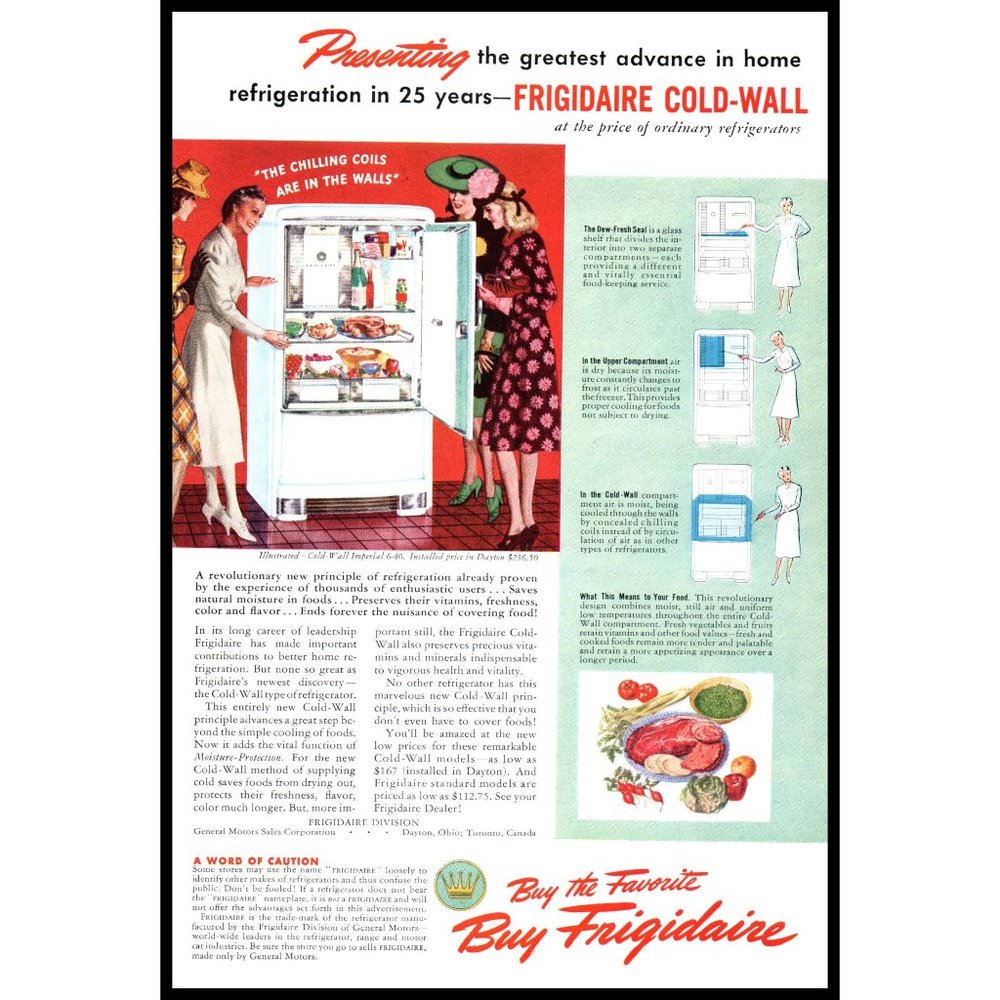1940 Frigidaire Cold-Wall Imperial Refrigerator Fridge Vintage Print Ad Wall Art